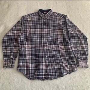 Vintage 90s Tommy Hilfiger Men's Plaid Button-Down Shirt - Navy, White & Red